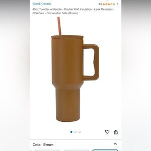 40 oz Tumbler W/Handle-Double Wall Insulation-Leak Resistant Safe (Brown)